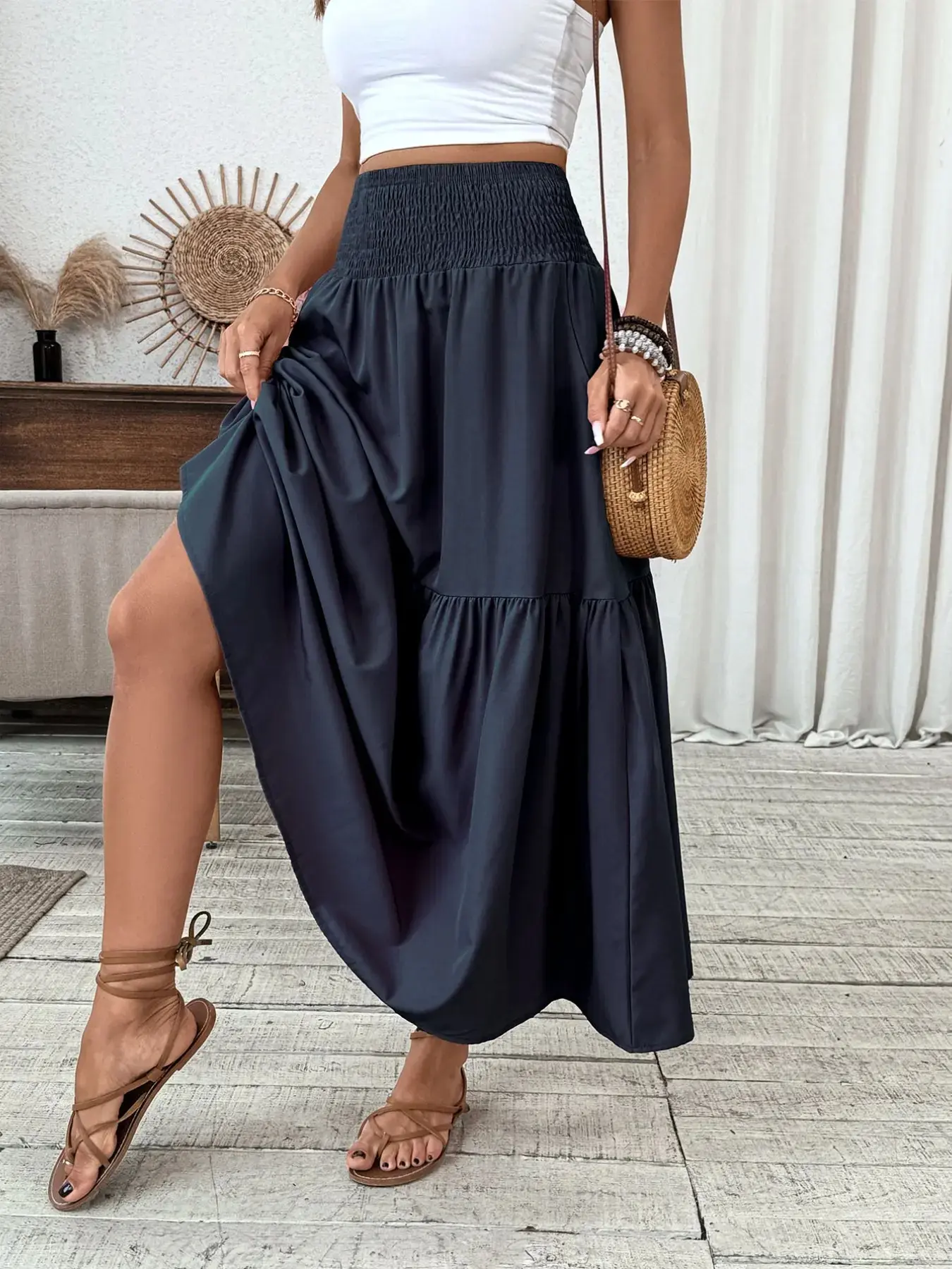 Women's Casual Ruffled Hem A-Line Skirt, Elastic Waist Pockets Long Skirt, Fashionable Shirred Skirt