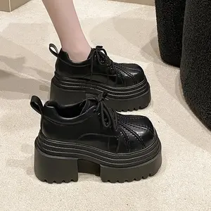 Black PU Leather Casual Shoes 2026 New Female High Heel Oxford Sneakers Shoes for Woman