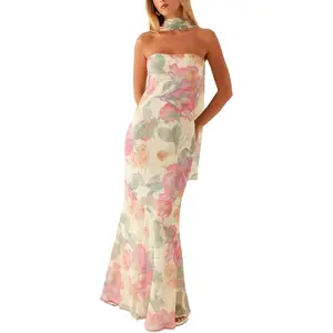 Women Strapless Floral Maxi Dress Mesh Tube Summer Elegant Cocktail Wedding Guest Party Dress