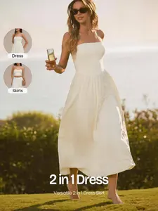 GLOWMODE 2 in 1 Two Way Wear Strapless Basque Waist Dress Keep It Breezy Ultra Fine Soft Texture Side Pockets Foldable Daily Casual Wear
