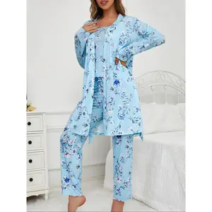 Three-Piece Set Women's Floral Butterfly Print Lettuce Trim Belted Lounge Robe & Cami Top & Pants Pyjama Set, Casual Comfy Three-piece Sleepwear Set for Women, Ladies Sleepwear for All Seasons, Pajama Set