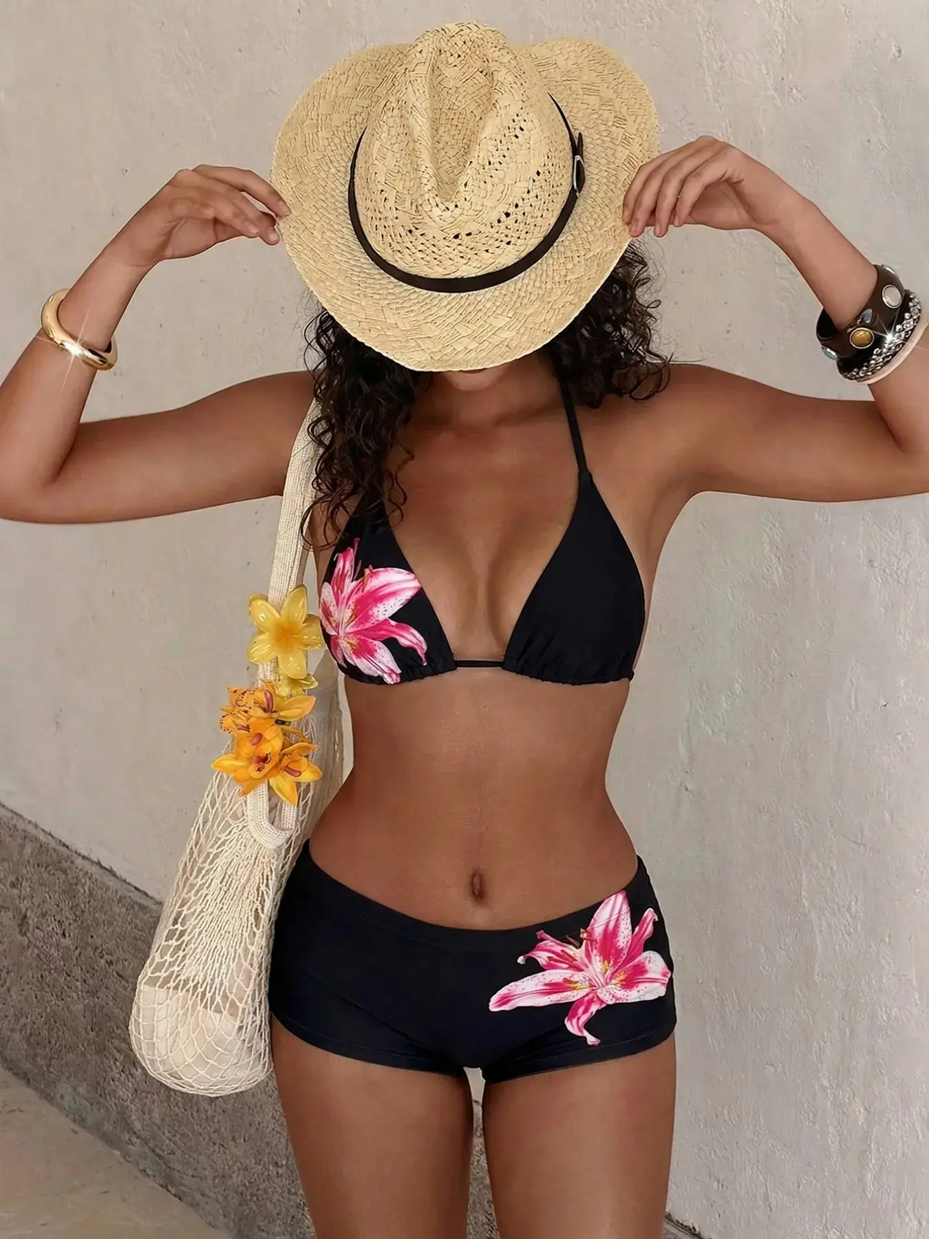 Women's Fashion Floral Swimsuit Set, Tie-Back Triangle Top and High-Waisted Shorts, Lily Pattern, Beach Bikinis, Bikini Swimsuit Outfit, for Summer Vacation Beachwear, Flower Print Bikini, Bikinis Sets, Floral Print Swimsuits