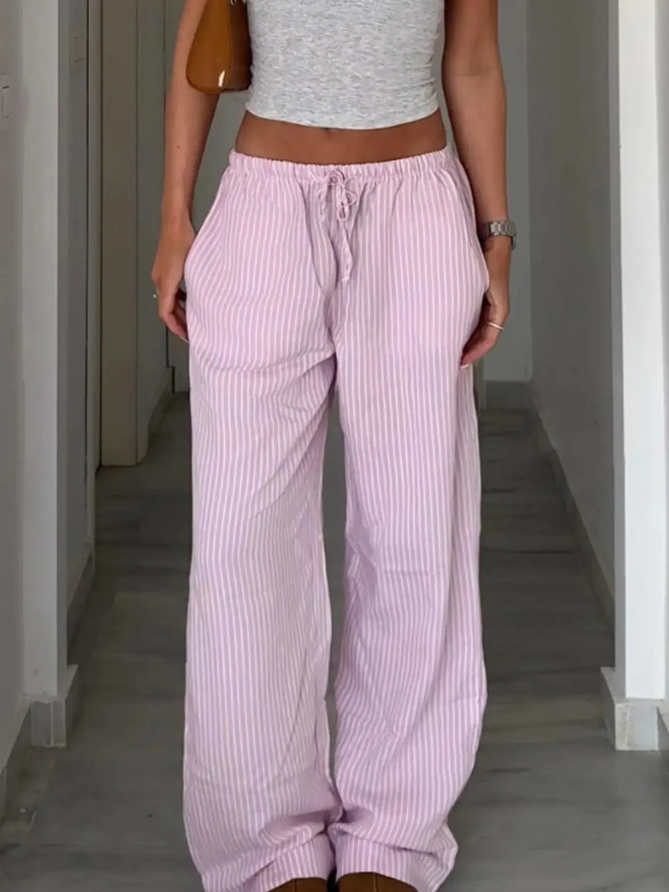 Women's Striped Print Drawstring Waist Wide Leg Pants, Casual Trendy Versatile Comfy Trousers for Summer, Fashion Women's Bottoms for Daily Wear, Casual Lounge Pant