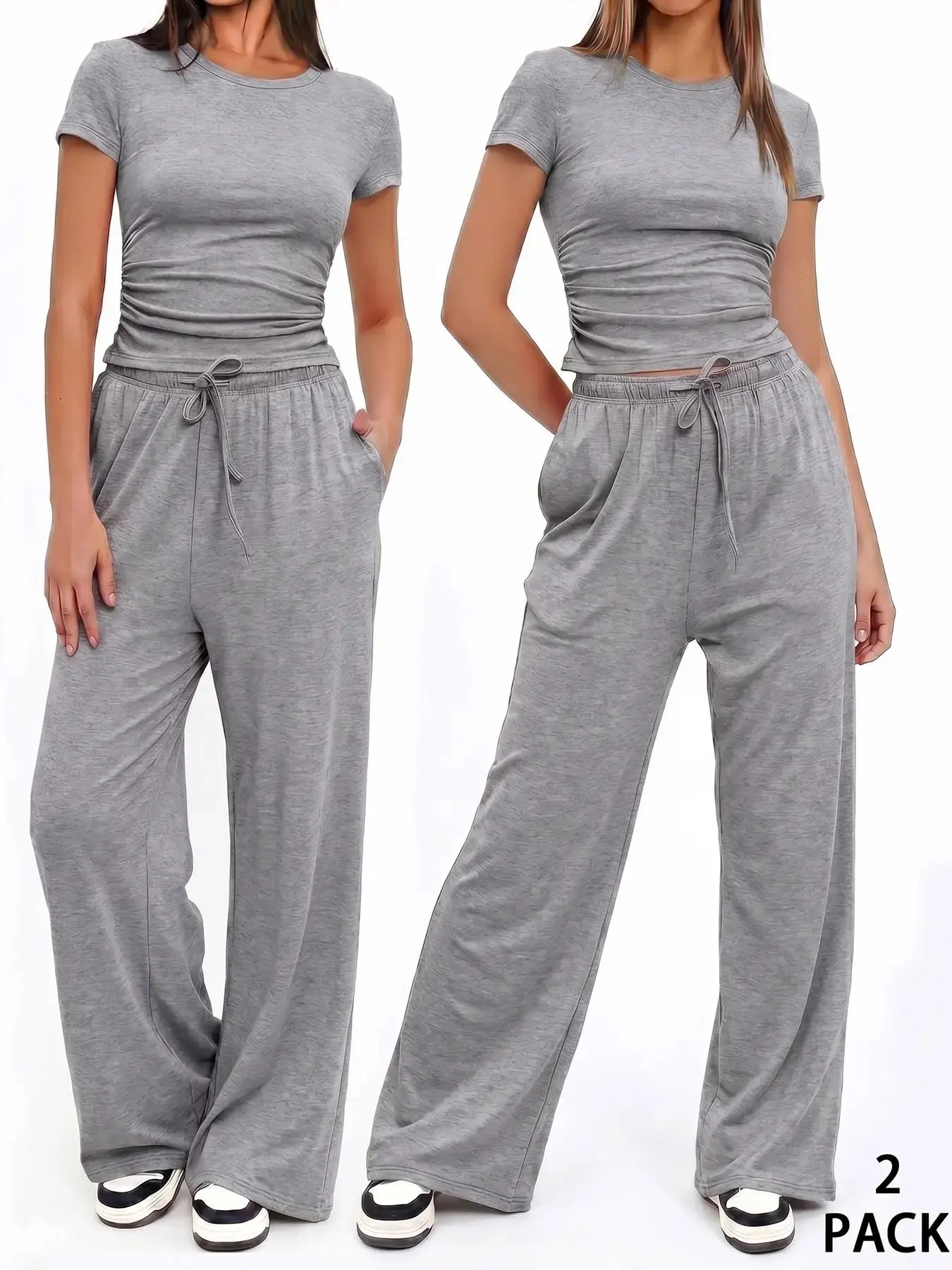 2pcs/Set Women's Casual Ruched Short Sleeve T-Shirt and Loose Pants Set, Basic Outfits, Minimalist 2-Piece Comfortable Stylish Clothing, Daily Wear street style put together brunch outfit viral style