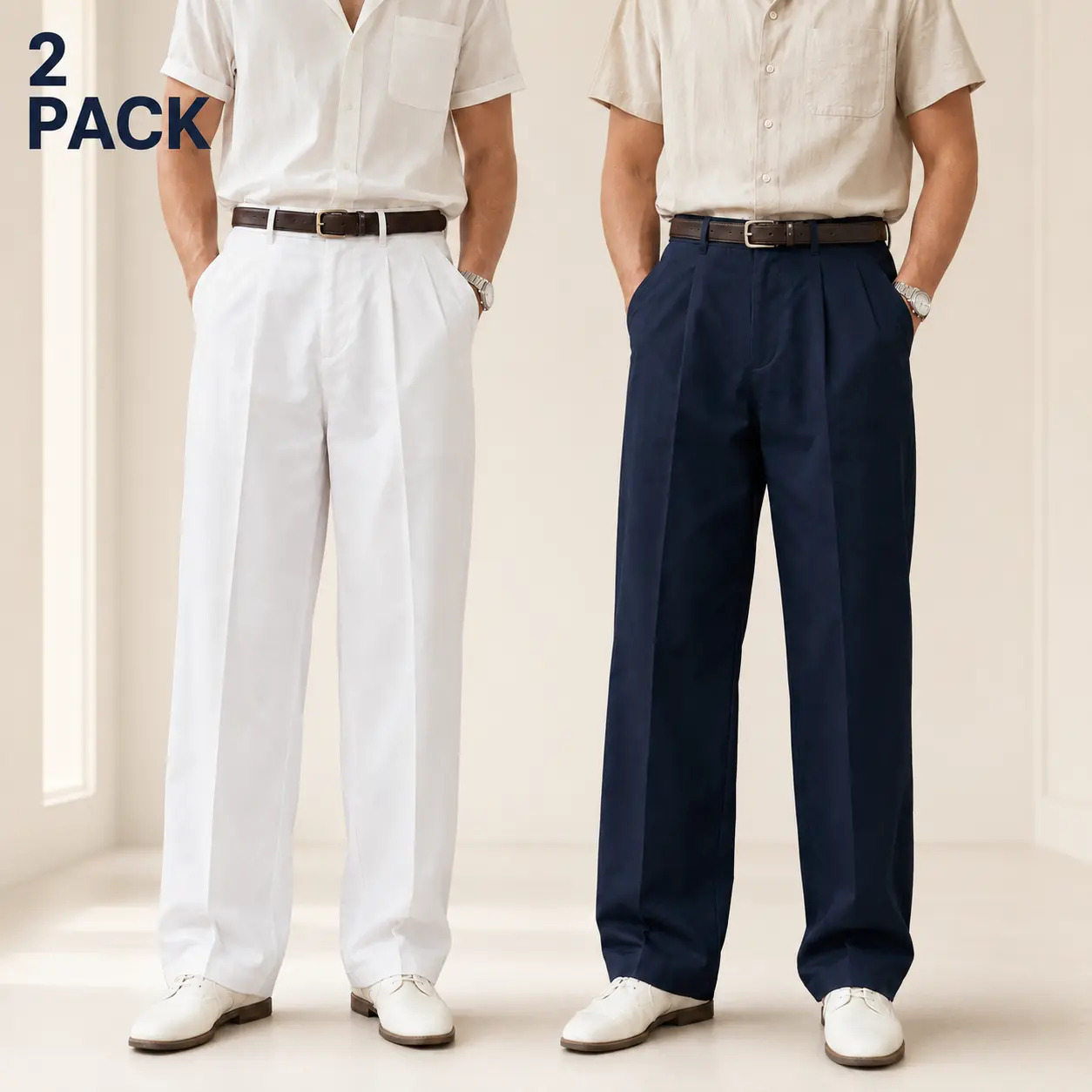 2 Pack Men's Casual Dress Pants, Breathable Lightweight Pleated Trousers with Straight Leg and Relaxed Loose Fit, Comfortable Stylish Versatile Slacks for Business, Office, Golf, Wedding, Travel, Vacation, Smart Casual Outfits and Everyday Wear