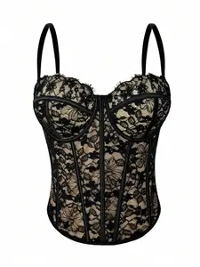 Women's Black Lace Floral Trim Bustier Corset Shapewear Casual Summer