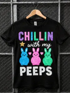 Chillin with My Peeps Graphic T-Shirt - Crew Neck Tee with Glittery Bunnies & Neon Lettering, Soft -Blend Fabric, Loose Fit Short Sleeve Shirt for Easter, Spring Parties, Family Gatherings - Unisex Casual Top for Adults & (Ideal Gift) - Year-Round C