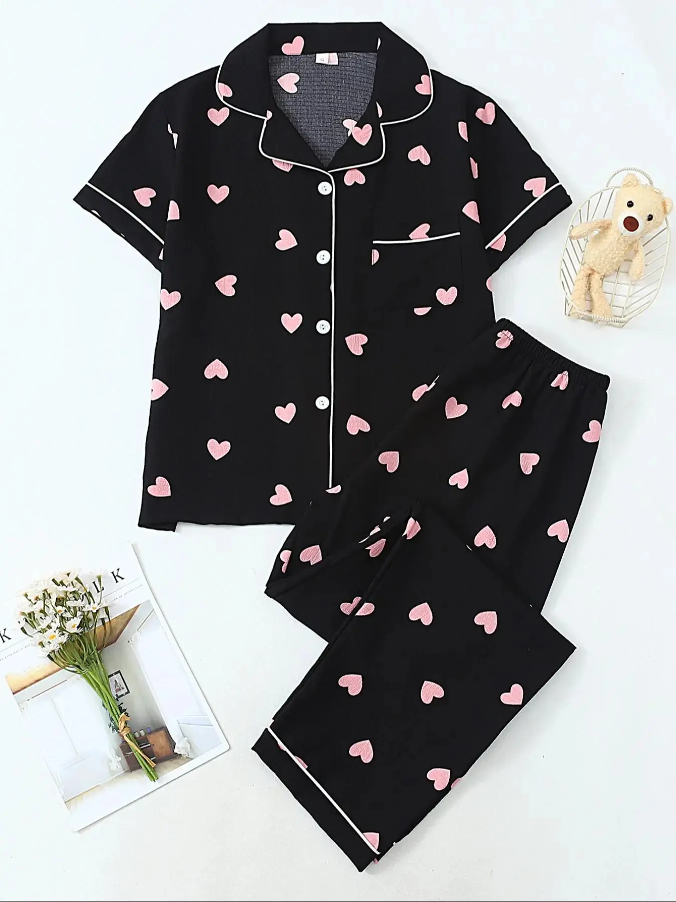 No Stretch, Women's Plaid Two-Piece Sleepwear Set, Pajama Set, Pj Sets, Short Sleeve Button-Up Shirt & Bow Tie Pants, Casual Home Wear, Loungewear for Spring Summer Fall Winter, Womenswear