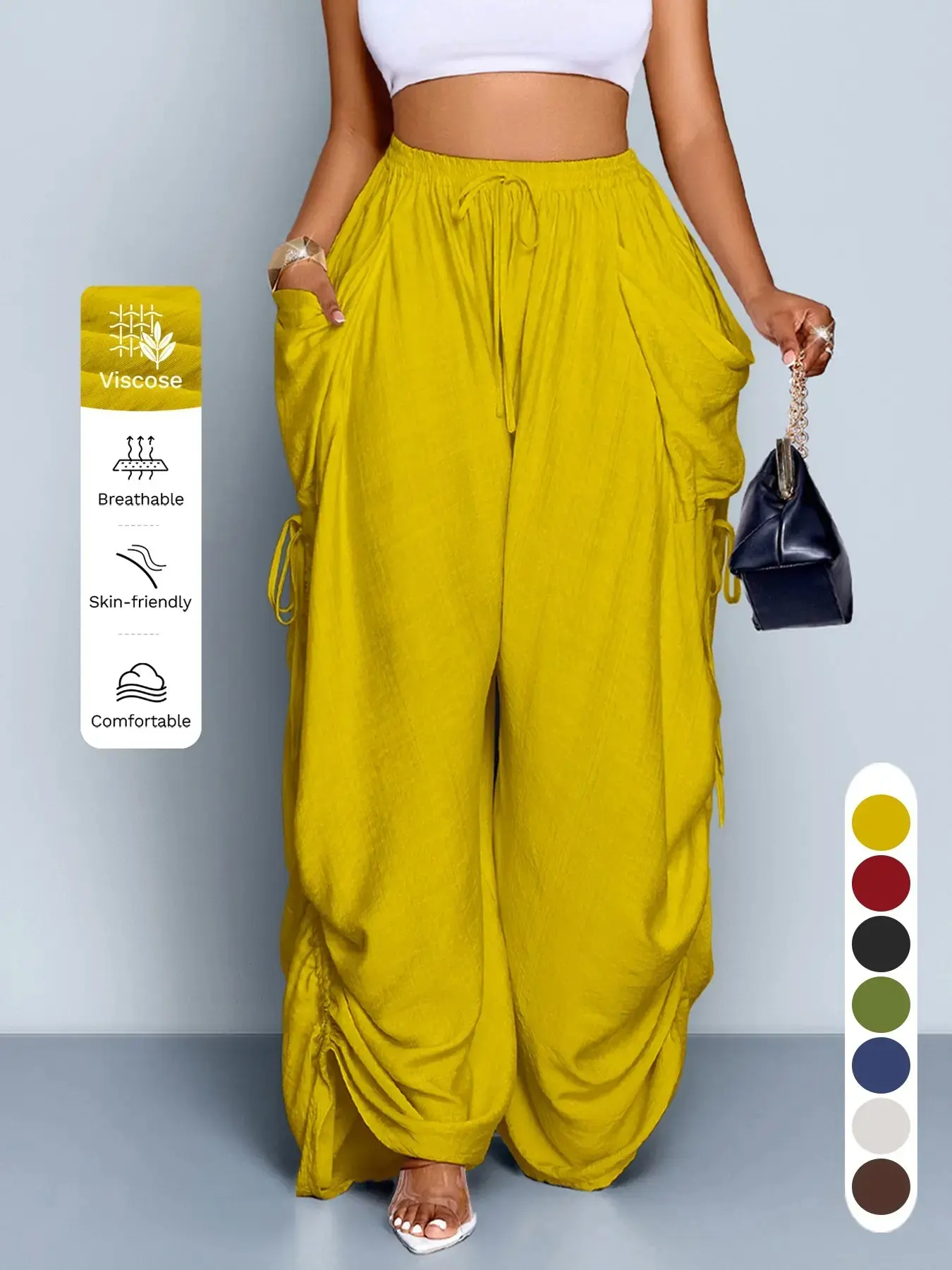 Women's Solid High Waist Wide Leg Cargo Pants Large Pockets Drawstring Casual Summer Commuting 2026