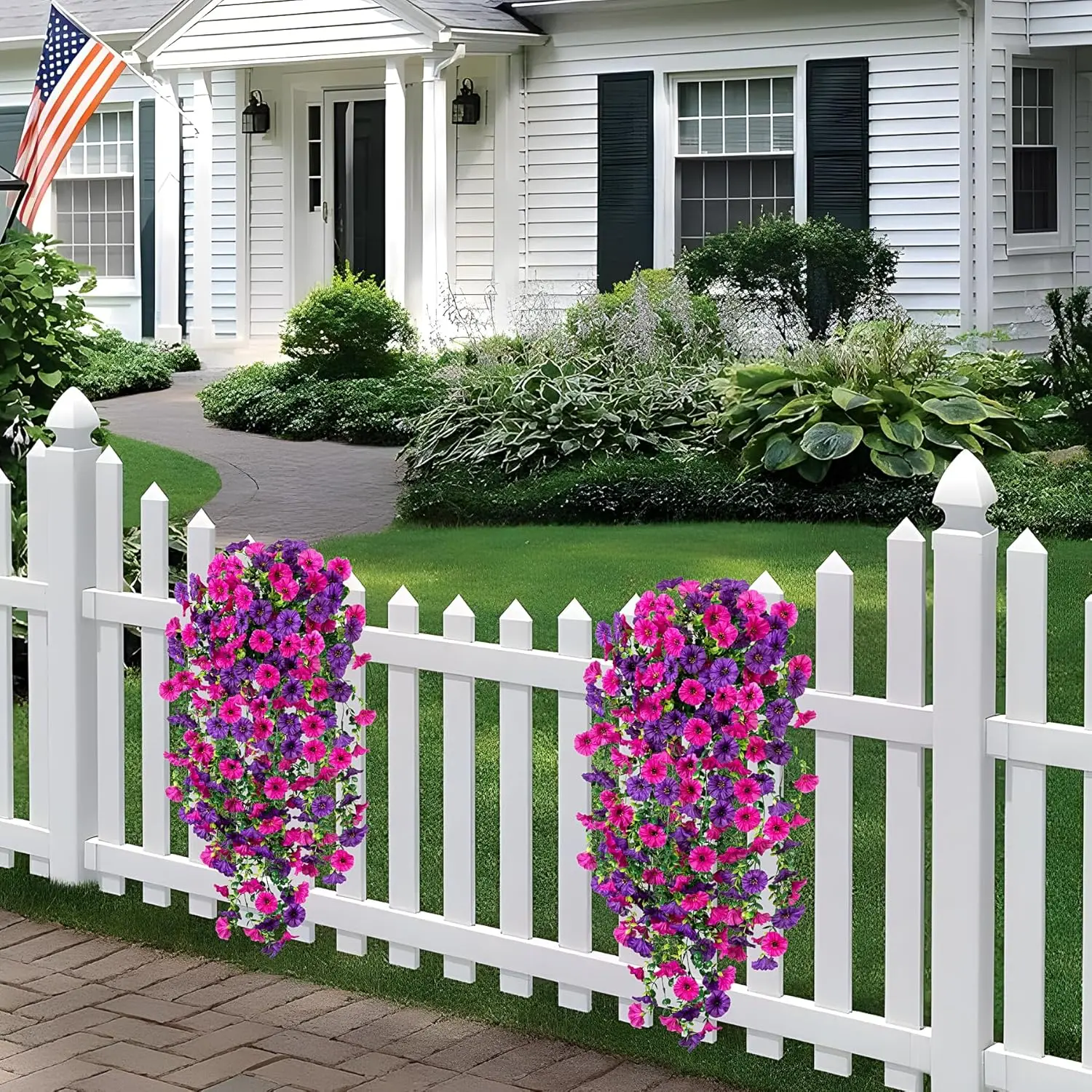 Purple Decorative Artificial Hanging Petunias - 2-4pcs Fake Long Hanging Vines with Morning Glory, Eucalyptus, UV-Resistant Realistic Faux Greenery for Indoor/Outdoor Balcony Home Decor