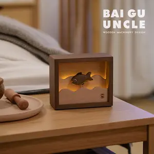 Wooden Fish Night Light Creative Ornament, Healing Stress Relief Wooden Craft, Fish Moving Forward Decoration, All Solid Wood Gift