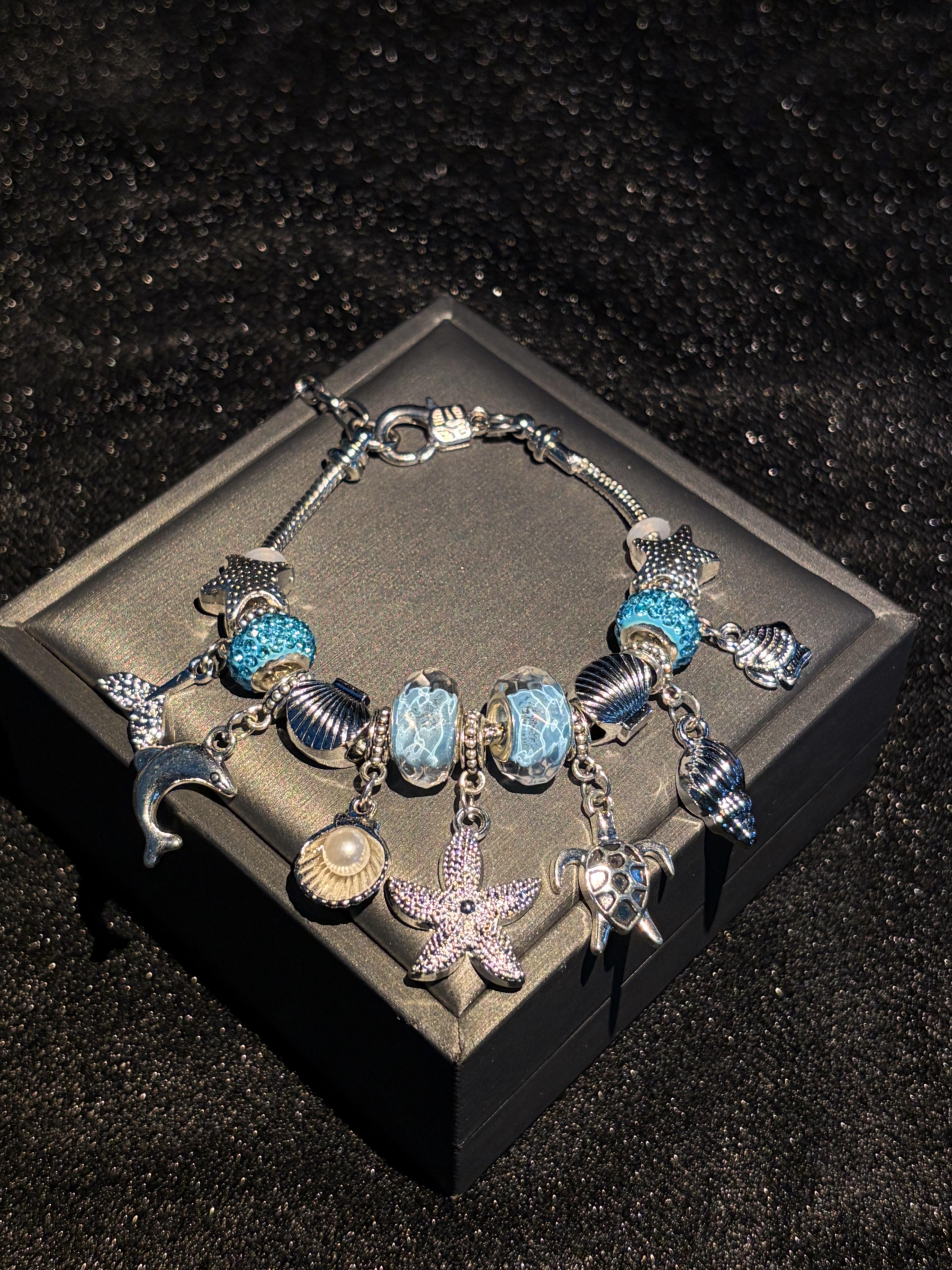 Silver‑Tone Ocean Theme Charm Bracelet for Women, Sea Life Dangle Charms Dolphin,Starfish,Turtle,Shell Conch Mermaid Tail, Murano Glass Beads, 2 Colors Blue Pink Option, Summer Beach Jewelry Gift for Girls