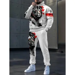 Men's Casual Two-Piece Set, Lion Print Hoodie and Sweatpants, Autumn Fashion Suit, Daily Wear