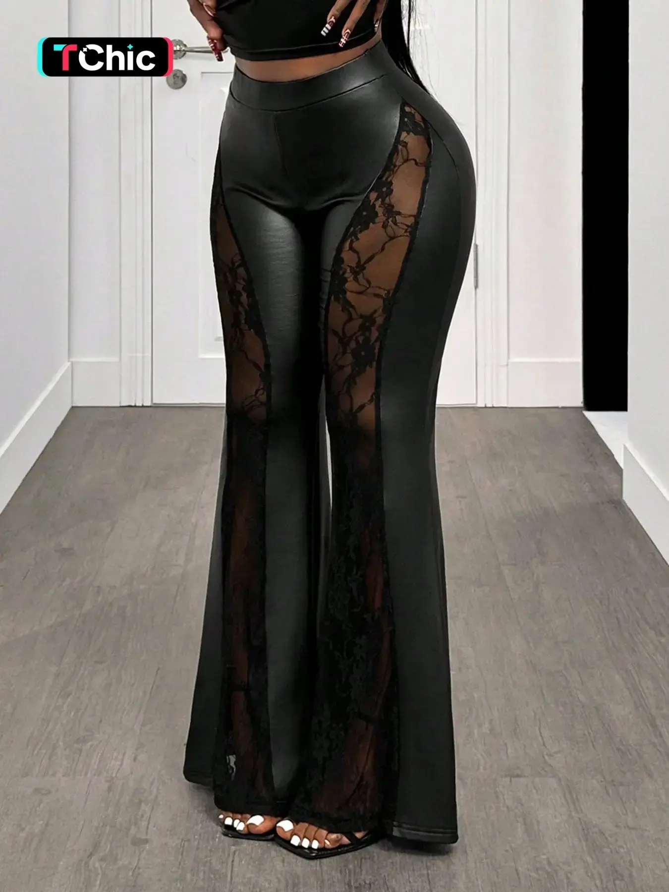 1 Asymmetric High Waisted Lace Sheer Panel Leather Flare Pants Chic Casual Trousers Women |   Stretchy Bodycon Bell Bottom Pants |   Nightclub Party Baddie Wear |   Gothic Y2K Streetwear