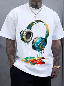 Men's Streetwear Crewneck Short-Sleeve Round Neck Top - Vibrant Headphones & Paint Splatter Print, Breathable Fabric, Loose Casual Summer Menswear, Machine Washable