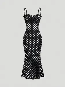 SexyElegance Women's Black & White Polka Dot Off-the-Shoulder Knee-Length Dress with Moderate Stretch for Parties & Evening  Workwear Chic Elegant Formal Womenswear Sleeveless