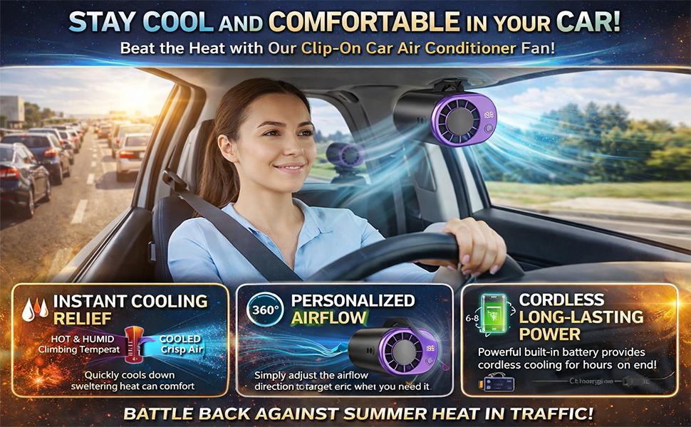 2026 New Car Clip On Air Conditioner Fan with LED Display - 360° Rotation, Portable Mini Cooling System for Auto Vehicle USB Rechargeable, 199 Speeds Adjustable, 16℃ Semi-Cooling Wide Clamp