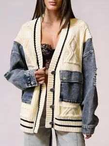 LikeMyChoice Unique Denim Patchwork Cable Knitted Coat Soft Breathable Medium Fit Sweater Jacket for Casual Outings Women's Knitwear Cardigan