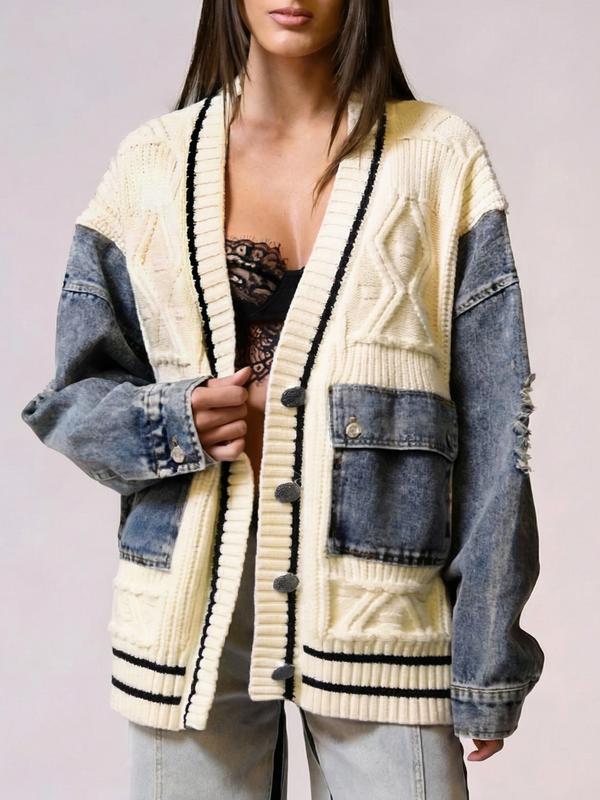 LikeMyChoice Unique Denim Patchwork Cable Knitted Coat Soft Breathable Medium Fit Sweater Jacket for Casual Outings Women's Knitwear Cardigan