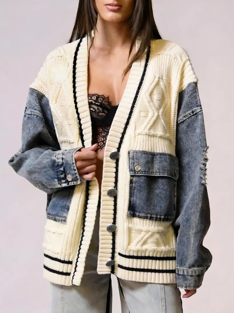 LikeMyChoice Unique Denim Patchwork Cable Knitted Coat Soft Breathable Medium Fit Sweater Jacket for Casual Outings Women's Knitwear Cardigan