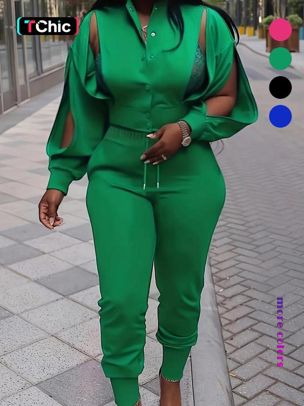 Women's Solid Cut Out Button Front Crop Top & Drawstring Pants Set, Chic Fashion Casual Drop Shoulder Long Sleeve Jacket & High Waist Trousers, Matching Sets, Women's Clothing for Spring & Fall, Going Out 2 Piece Set, Womenswear