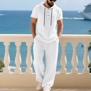 Men’s fashion linen two piece set with hood, casual vacation style, loose breathable fabric, hooded top and wide leg pants (the sizing runs a bit small—we recommend ordering one size up).#SummerVibes