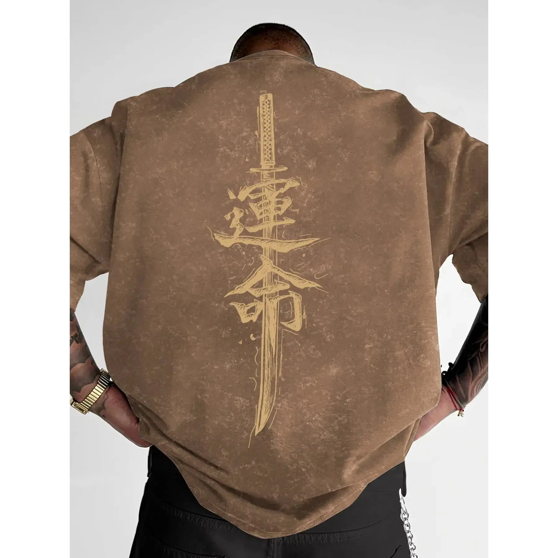 Men's "Destiny" Katana Graphic Print Vintage Wash Oversized T-Shirt, Casual Streetwear Loose Tee, Breathable Daily Top # DestinyKatanaTee # VintageWashTshirt # StreetwearOversizedTee # LooseFitCasualTop # TikTokMadeMeBuyIt