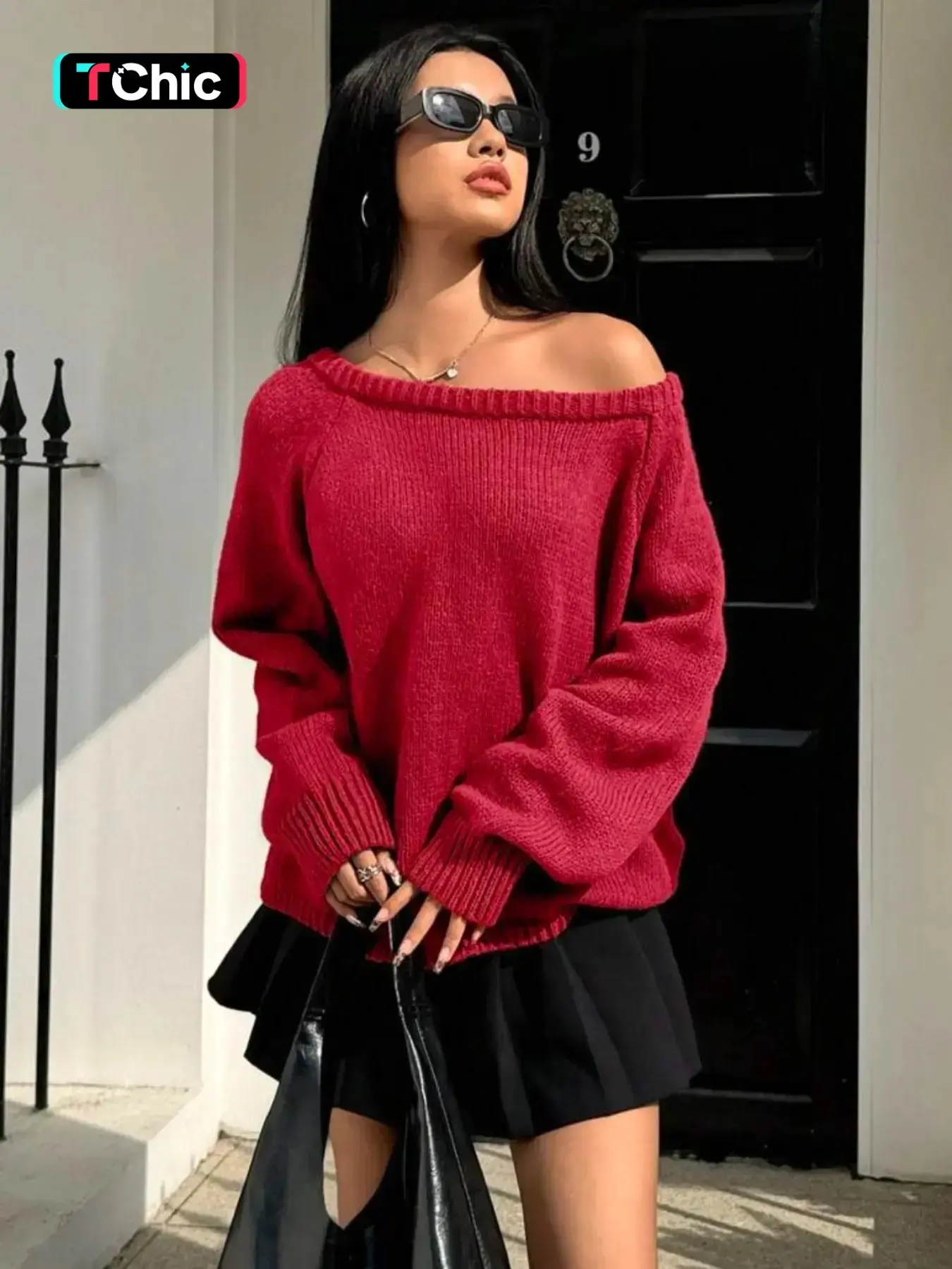 2026 Women's Solid Off Shoulder Raglan Sleeve Loose Basic Sweater Long Sleeve Fall Winter Casual Knit Top Outfits