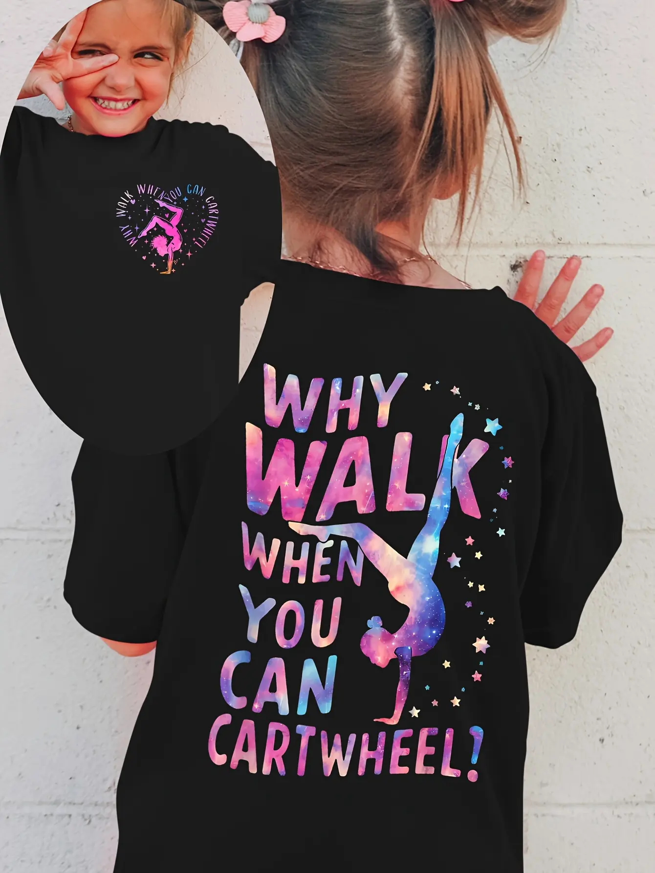 Girls' summer short-sleeved T-shirts - "Why walk when You Can do somersives?" Dance girls with star prints, black street casual top, regular fitted round neck, hand wash/dry clean, girls' T-shirts, lively young people's clothing, bright printed shirts,