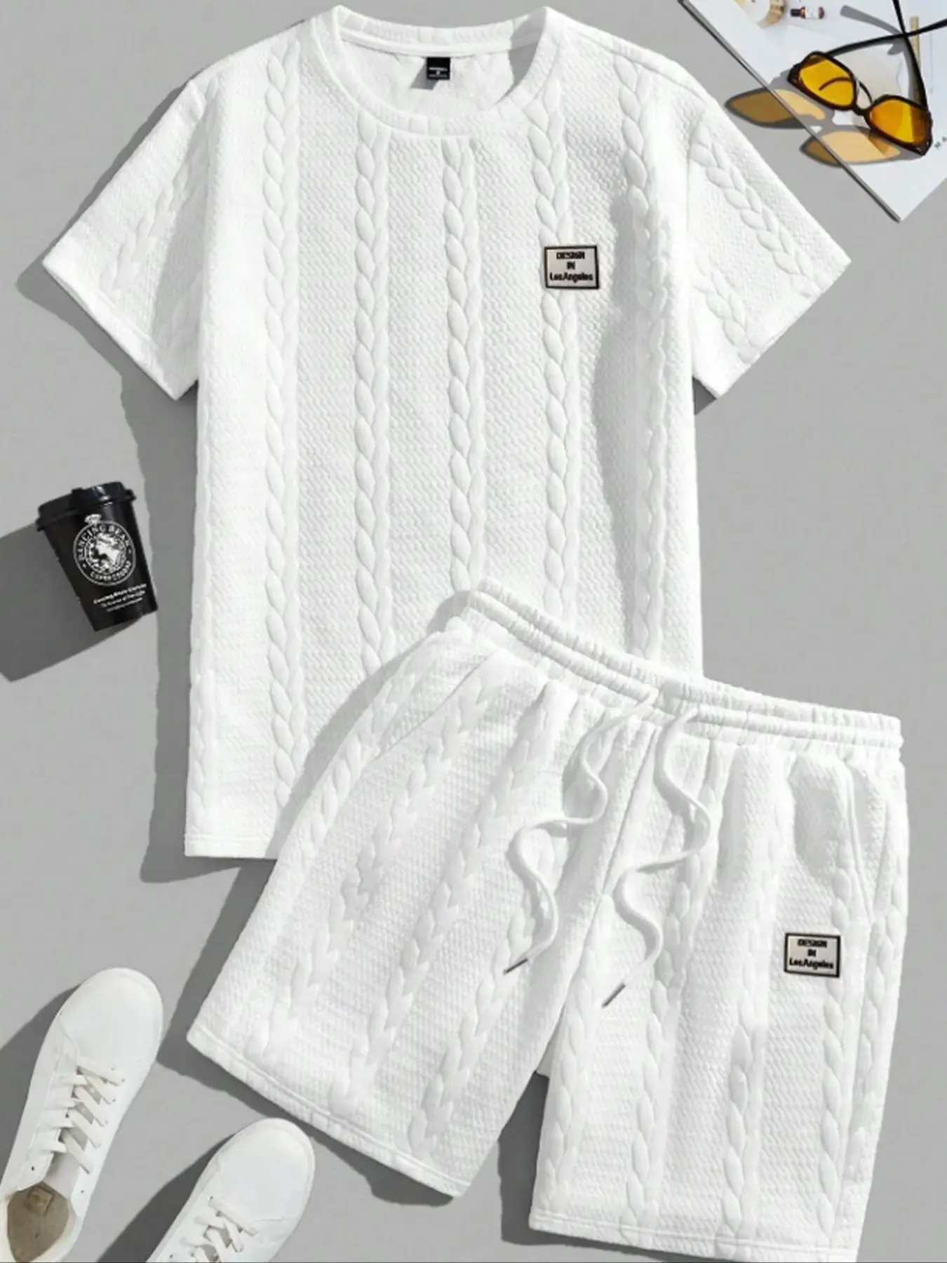 Men’s set featuring a solid textured patchwork T-shirt and drawstring-waist shorts   100%  polyester — regular fit, casual, crew neck, short sleeves, shorts with pockets; summer clothing for men, Menswear,father'sdaygifts