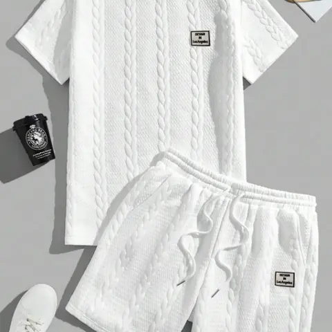 Men's 2-Piece Clothing Matching Set, Solid Textured Patchwork T-Shirt & Drawstring-Waist Shorts - 100% Polyester, Regular Fit, Casual, Crew Neck, Shortsleeve, Pocketed Shorts, Summer Menswear, Two Piece Sets