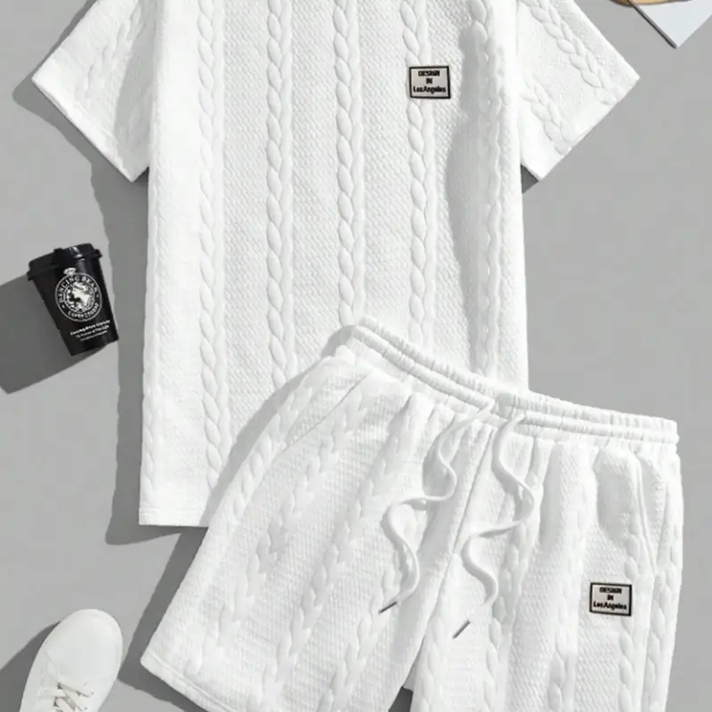 Men's 2-Piece Clothing Matching Set, Solid Textured Patchwork T-Shirt & Drawstring-Waist Shorts - 100% Polyester, Regular Fit, Casual, Crew Neck, Shortsleeve, Pocketed Shorts, Summer Menswear, Two Piece Sets