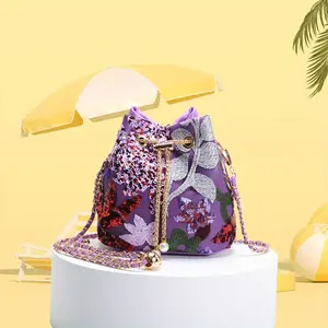 1Count Women's Vintage Floral Bucket Bag with Purple Pink Floral Pattern - Drawstring Closure & Adjustable Strap, Elegant Party Wedding Everyday Handbag - Durable Polyester Clutch for Women