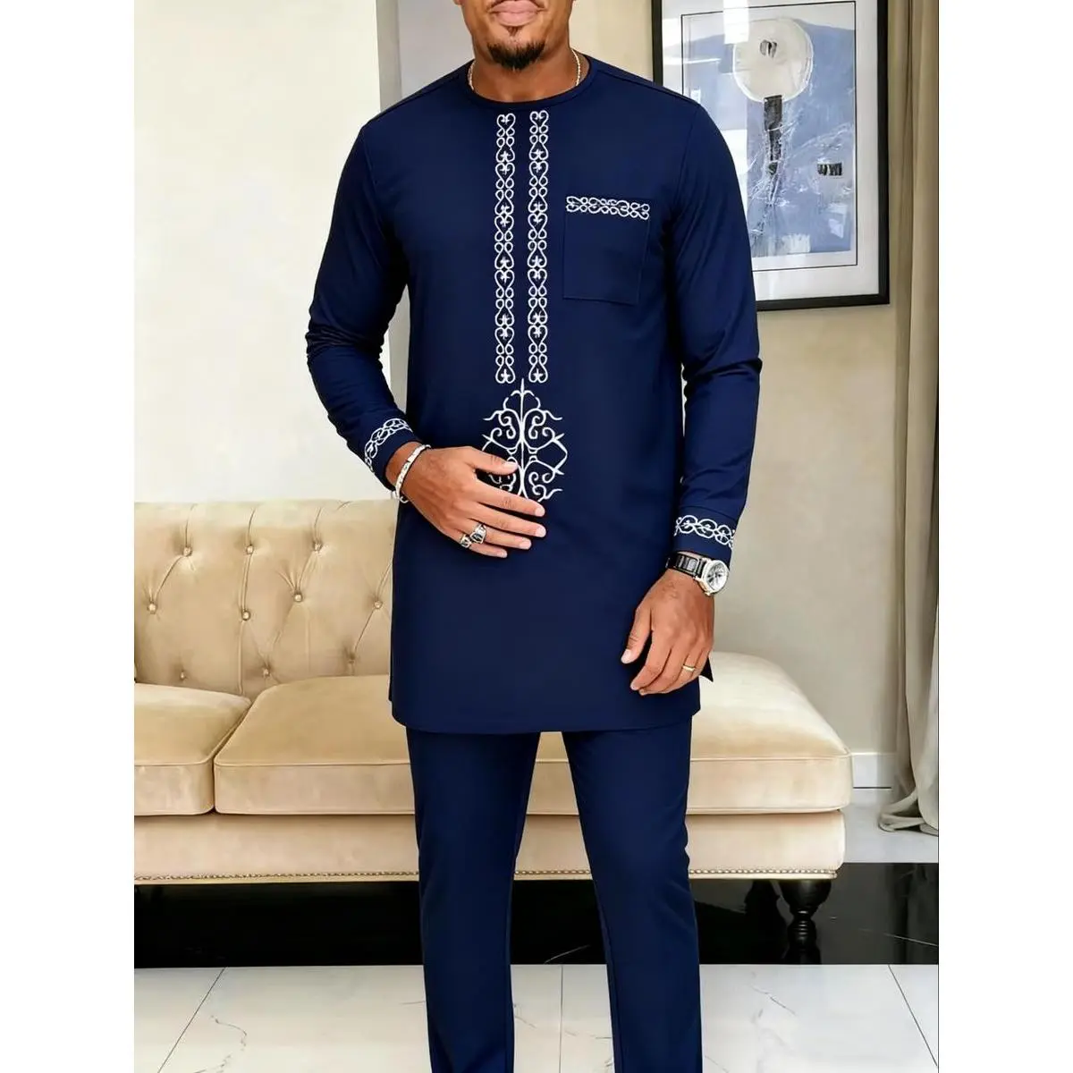 YYW1 Men's Regular Embroidered Modest Islamic Kaftan Set - Round Neck, Dolman Long Sleeve Shirt, Woven Solid, Machine Washable, Snug, All-Season Cultural Casual African Clothing for Weddings, Business, All Seasons