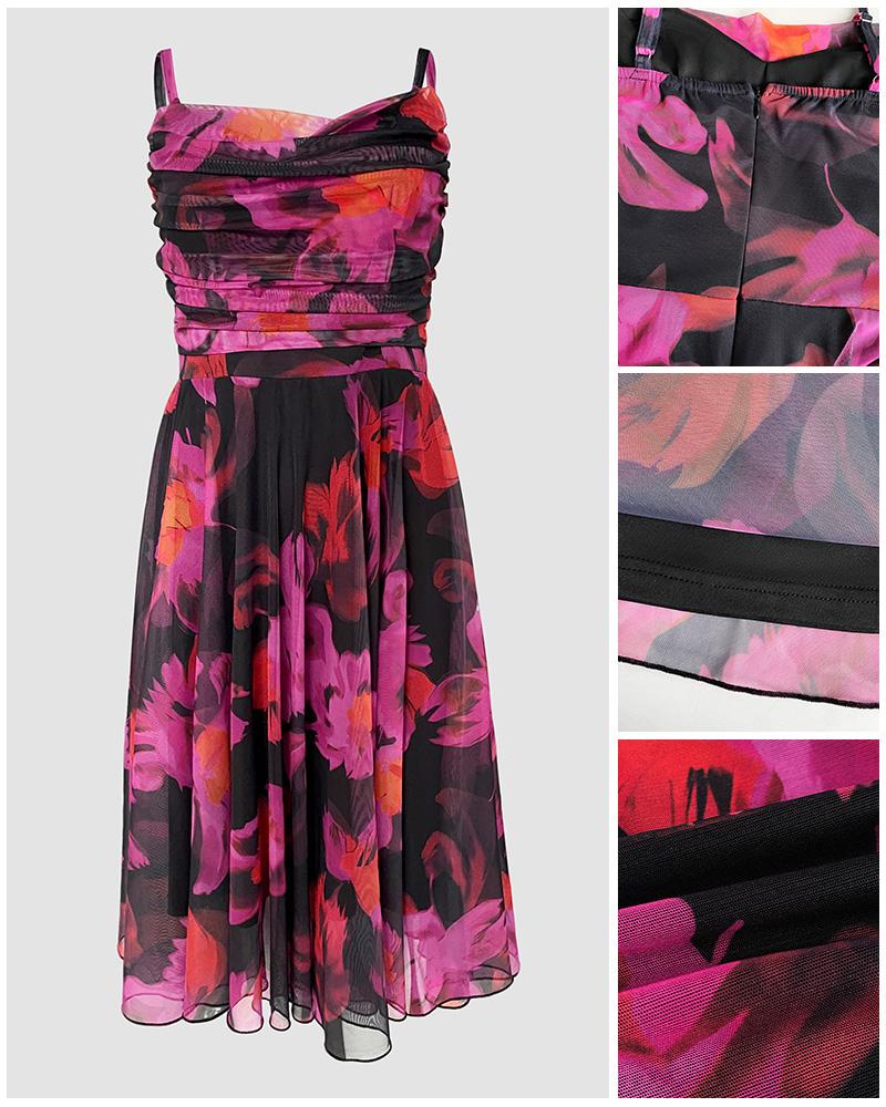 ChicMe Women's Vintage Oil Painting Floral Print Cowl Neck Adjustable Spaghetti Straps A Line Mesh Dress Elegant Cinched Waist Ruched Zipper Back Party Dress ChicMe Women's Vintage Oil Painting Floral Print Cowl Neck Adjustable Spaghetti Straps A Line Mesh Dress Elegant Cinched Waist Ruched Zipper Back Party Dress