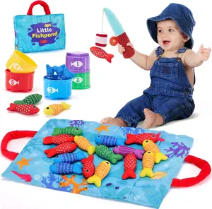 Toys  1 Year Old Boy Girl Birthday Gift - 10 in 1 Cloth Fishing Game Easter Basket Stuffers  Toddler Toys 1-3 with Stacking Cups - Number Counting, Color Sorting Learning