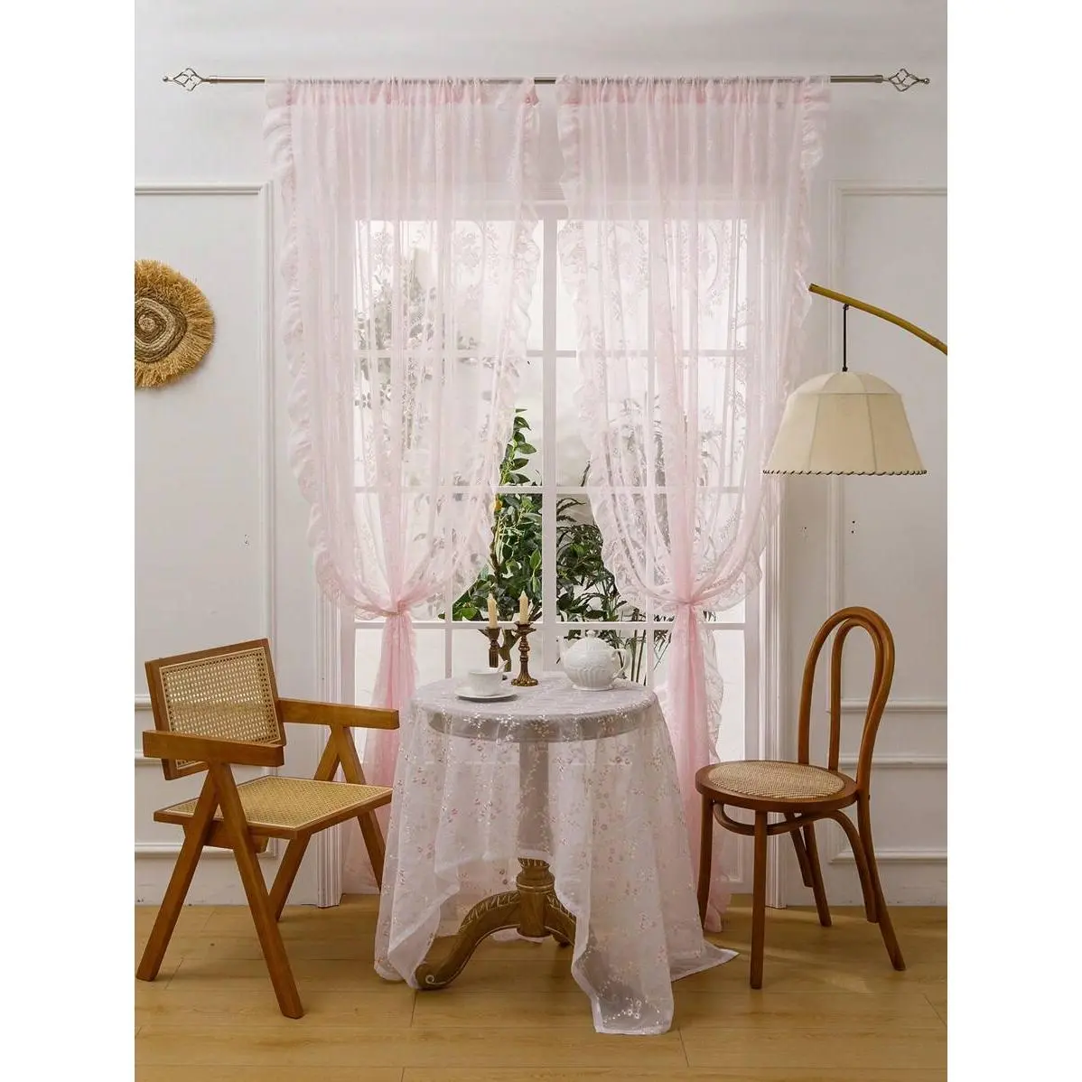 1pc French-Style Elegant Pleated Blush Pink Circle Eyelet Voile Curtain with Ruffled Edge, 1-Piece Bay Window Curtains, Home Decor for Living Room, One-Piece