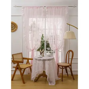 1pc Pink Circle Eyelet Voile Curtain, French Style Elegant With Ruffle Edge, Suitable For Bay Window, Living Room, Bedroom, Office, Kitchen, Study Room, Home Decor