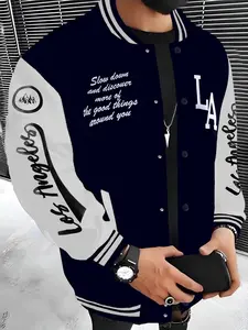 Fashionable men's jacket, baseball collar, printed design, lettering design, suitable for outdoor fashion