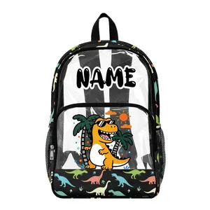 Personalised Dinosaur Kids Clear Backpack with Custom Name, Transparent PVC School Bag for Boys and Girls, Cute Dino Print Lightweight Multi Pocket Bookbag, Back to School Rucksack with Zip Pocket and Side Mesh Bottle Holders