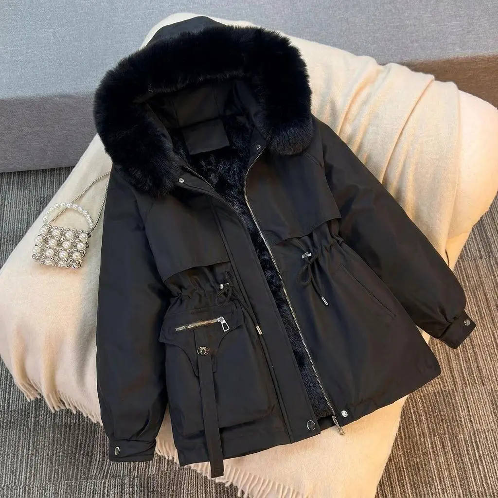 Women Winter Fleece Lined Parka Jacket, Large Faux Fur Hood Drawstring Waist Windproof Warm Coat, Casual Outerwear With Multi‑Pockets For Cold Weather