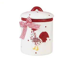 Charming Red Floral Chicken Ceramic Srage Jar WY486439 Microwave Safe Flip-p Sealed Container for Kitchen Organization & Decor Utensils Tin Square Shape Hand Washable Canister