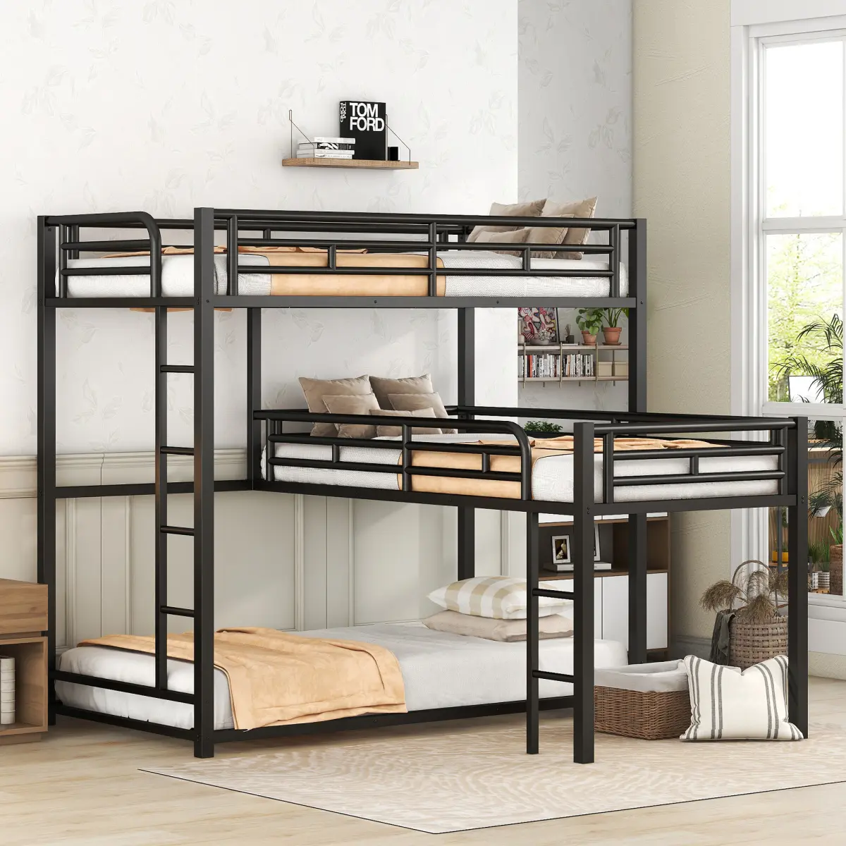 L-shaped Metal Triple Twin Size Bunk Bed, Black(OLD SKU:MF285891AAB)