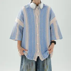 Men's Knit Style T Shirt Oversized Tee Button Closure Shirt For Summer Artistic Style Cozy and Comfortable Tropical Design Waffle Knit Design Bohemian
