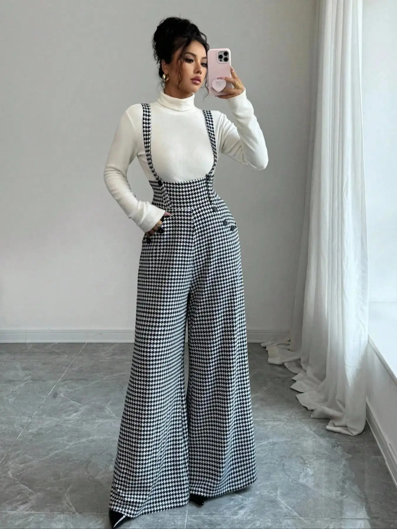 Women's Knitted Houndstooth Plaid Print Belted Pants, Button, Elegant Fall/Winter Fashion, Long Pants with Front Zipper and Pockets, Casual Commuter Wear, Womenswear, Casual High Rise, Fit