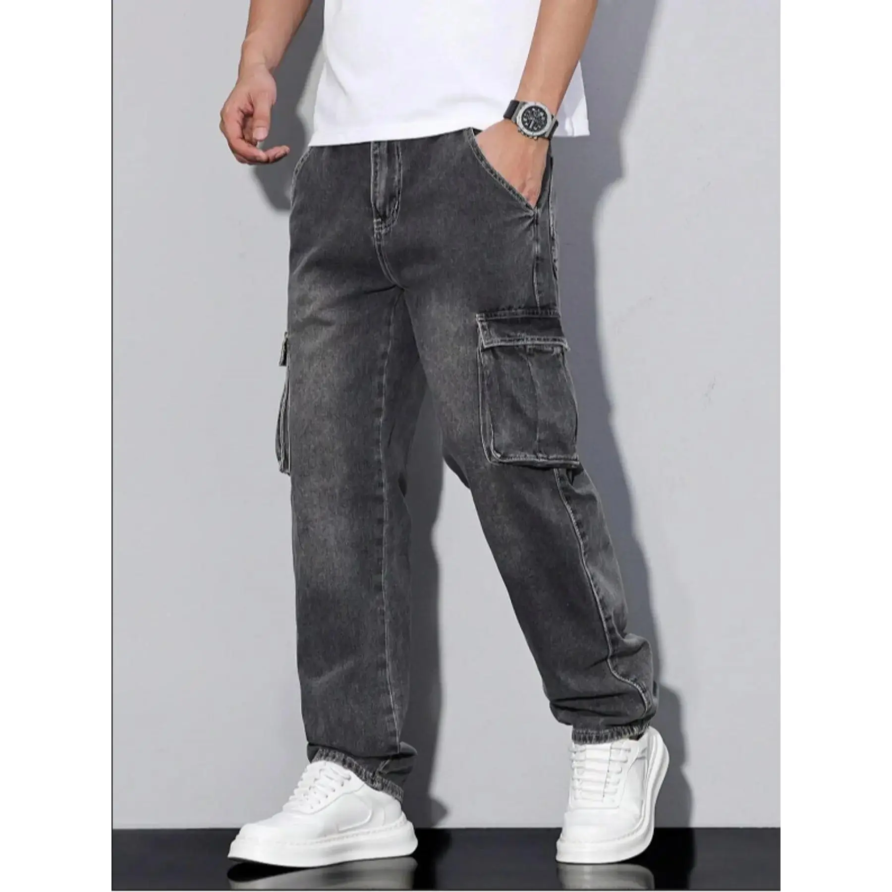 Men's Loose-Fitting Denim Work Pants with Utility Pockets, Durable Non-Stretch Trousers with Button Closure for All Seasons, Classic, Xxl, Solid, Menswear, All-Season, Jeans