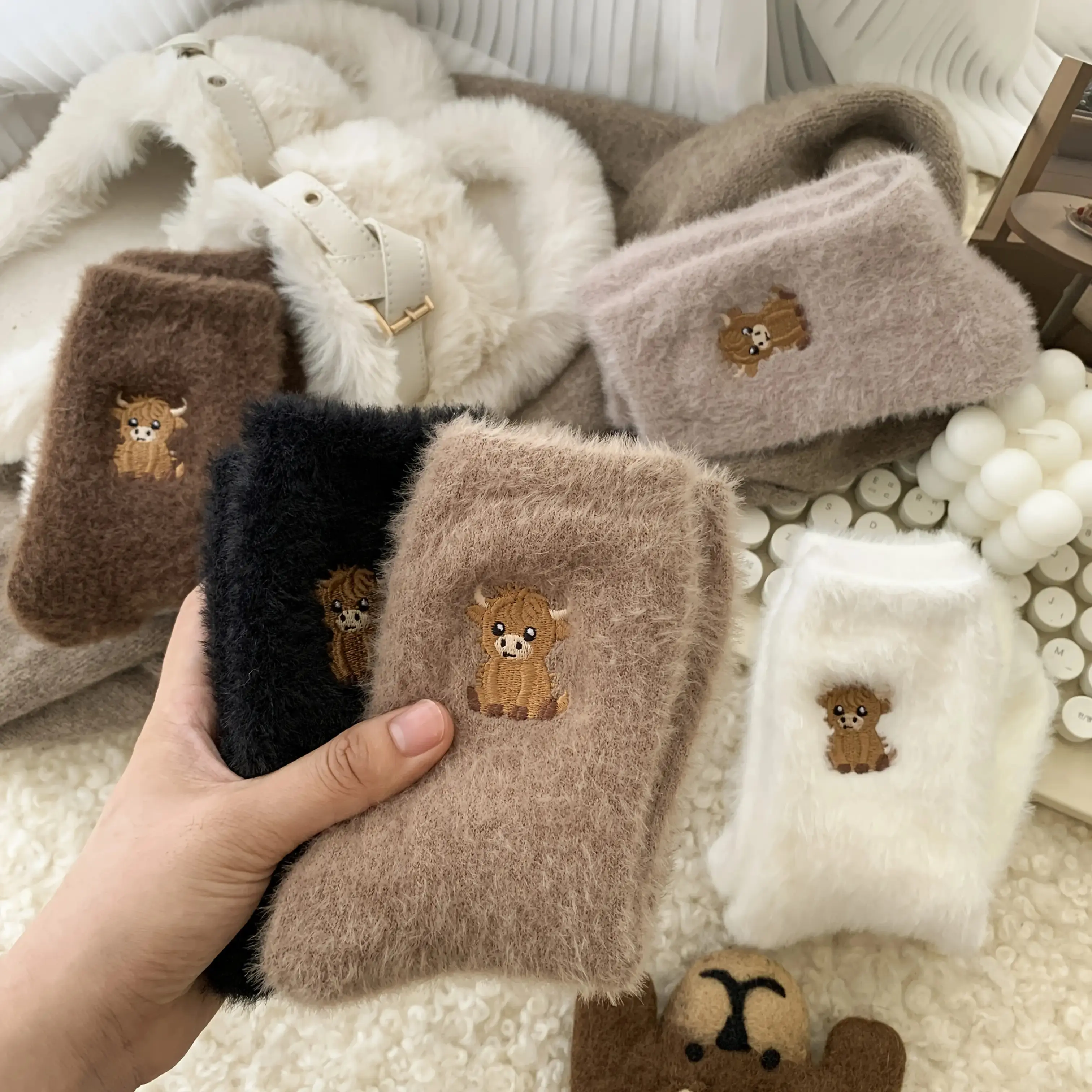 5 Pairs Women'S Cow Embroidered Plush Socks - Winter Thick Warm Soft Floor Socks with Cute Cartoon Cow Design, Cozy Home Lounge Socks for Cold Weather, Brown & Neutral Tones, Hand Wash/Dry Clean, Fluffy Socks, Indoor Comfort Wear, Playful Design,