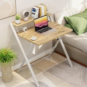 GreenForest Portable Small Desk No Assembly, 2-Tier Compact Computer Desk with Shelf, Space Saving Foldable Table for Home Office, Bedroom or Apartment, Portable Collapsible Sturdy Laptop Desk, Oak
