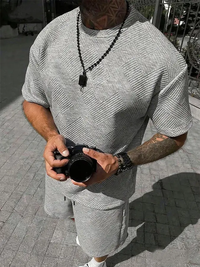 Men's 2 Piece Set, Shortsleeve Streetwear with Structured Design and Plain Texture, Regular Fit for Camping & Gym, 2 Piece Sets, Men's 2 Piece Sets