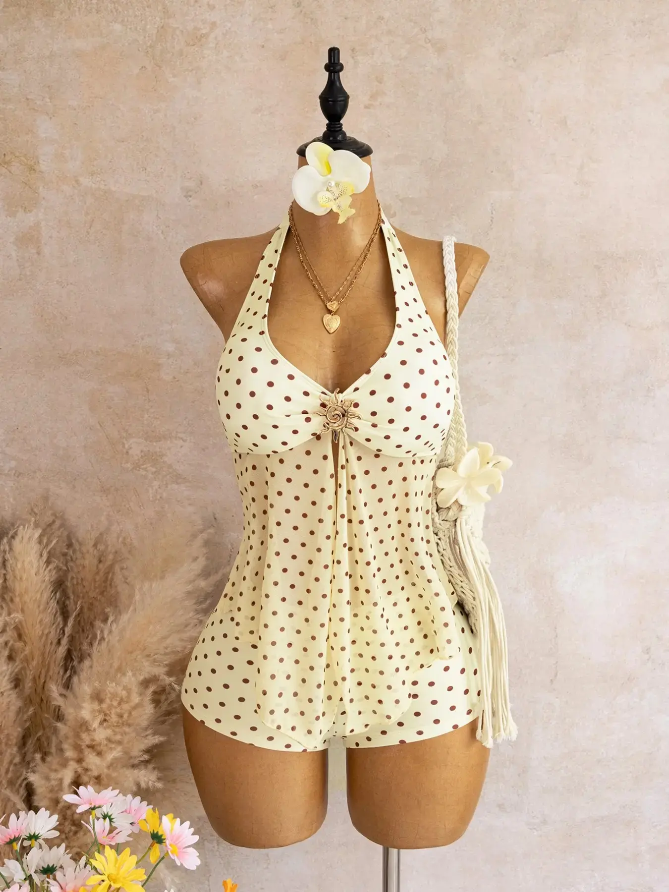 Polka Dot V-Neck Metal Buckle Mesh Halter Neck Top & Shorts Two-Piece Set, Swimwear, Stylish Beach Wear, Tankini Sets, Tankini Beachwear